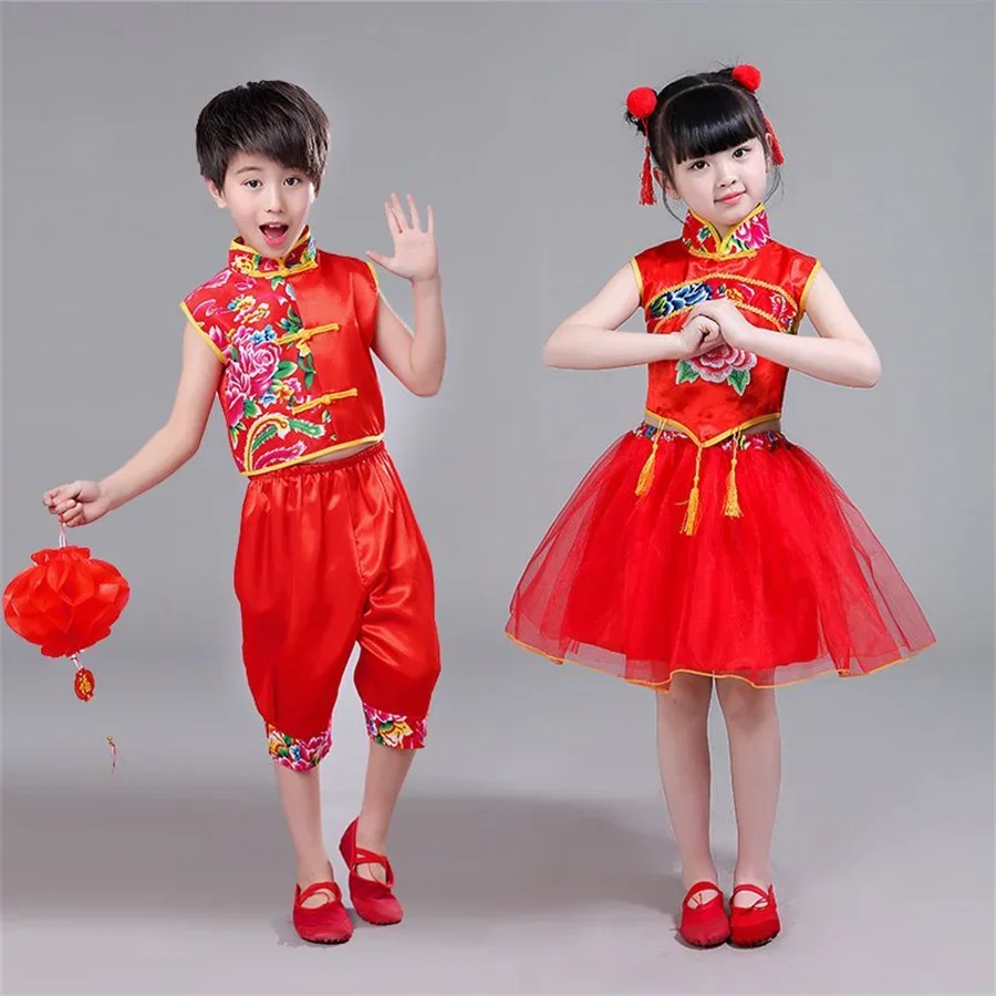 Boy Girl Chinese New Year Clothes Traditional Kids Folk Dance Red Costumes Stage Party Festival Oriental Hanfu Clothing