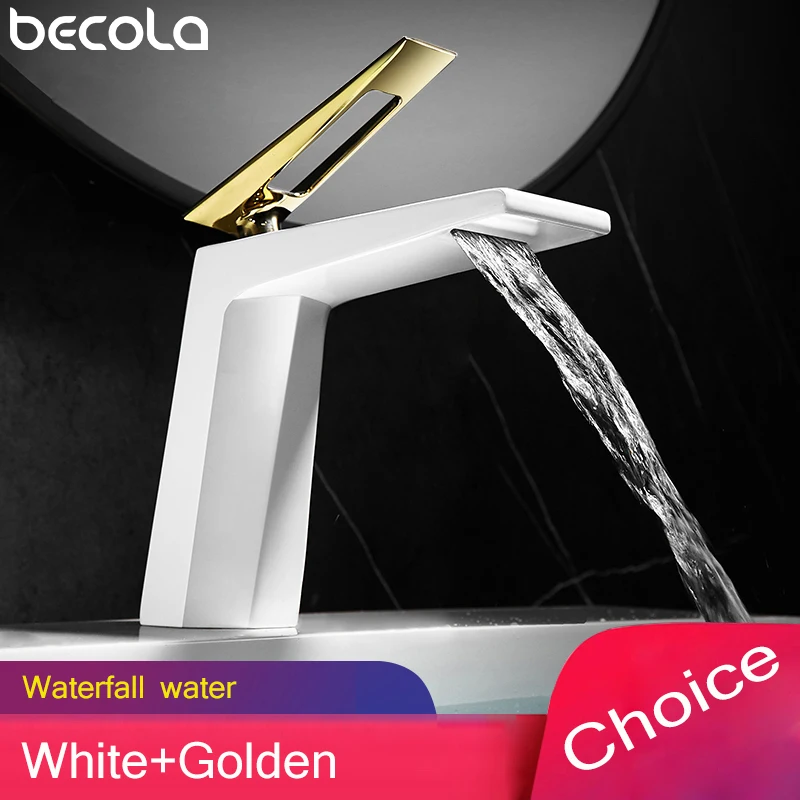 

BECOLA Chrome Bathroom Deck Mounted Waterfall Basin Faucet Hot Cold Water Sink Mixer Taps Black White Lavatory Single Hole Crane