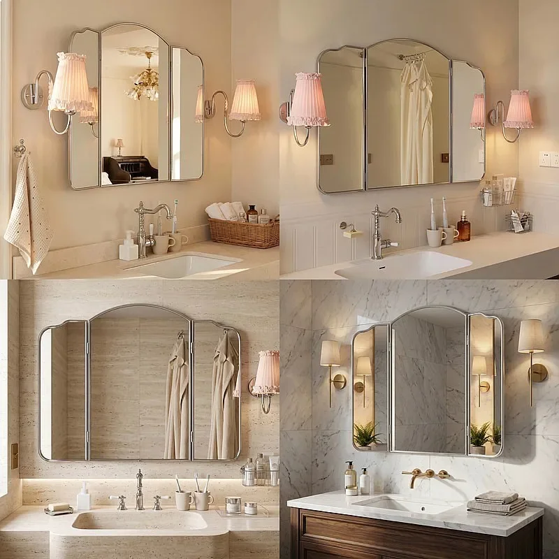 81 N French Retro Stainless Steel Triple Folding Mirror Wall Mount Bathroom Vanity Desk Decor