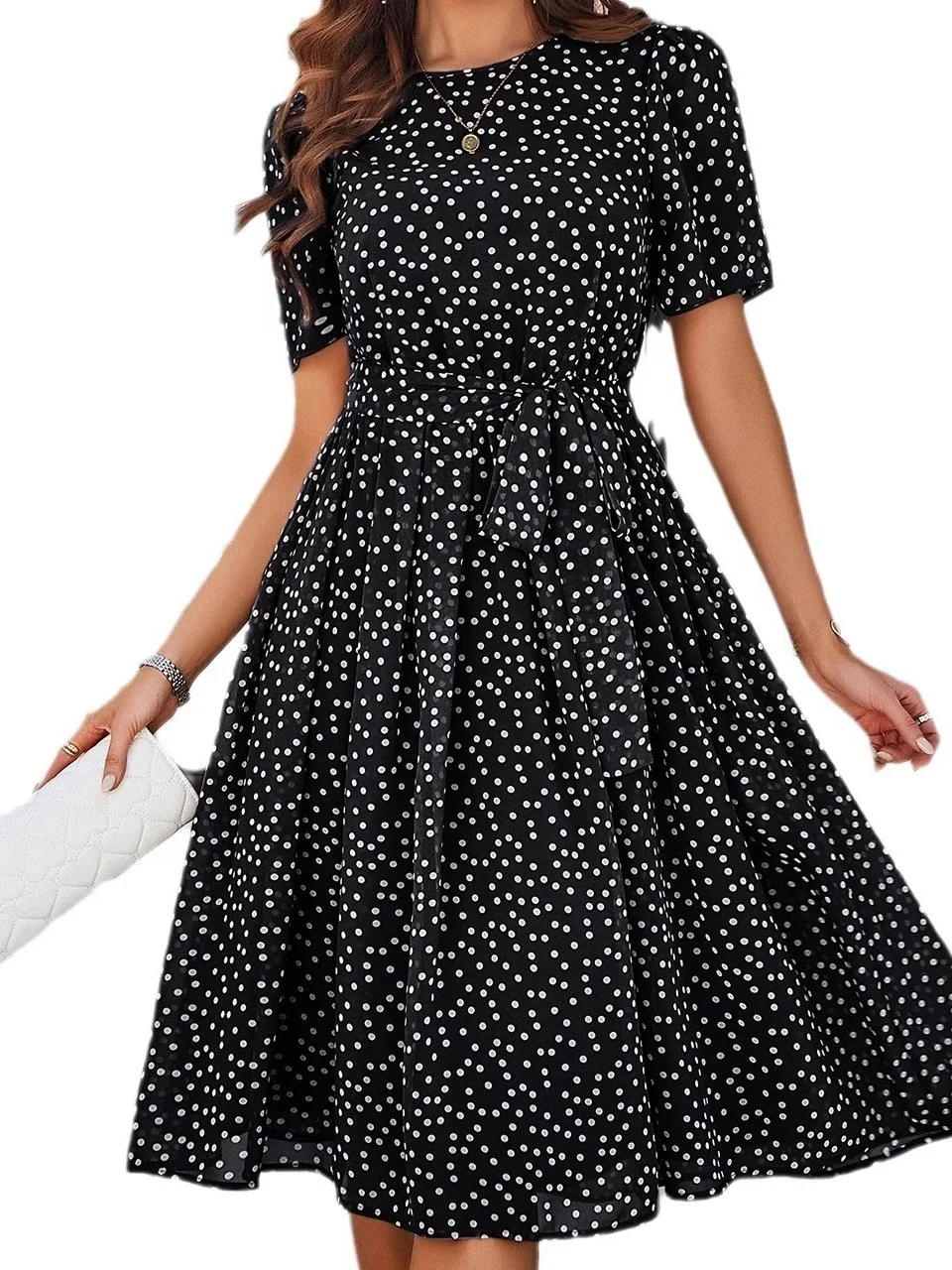 Décontracté à pois cravate longue Dr Street Sle épissure taille irrégulière taille moyenne doux Polyester été t-shirt quart Sve Midi Dr