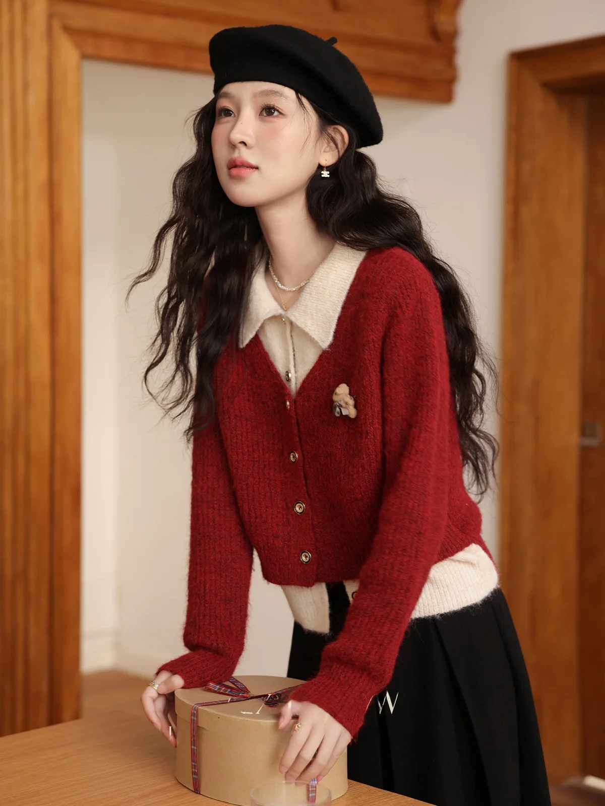 

Red Oats Latte Lazy Design Knitted Sweater Women's Loose Fit Winter Warm Long Sleeve Collar Single Button Closure Top