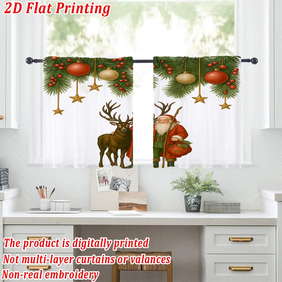 Christmas Flat Printing Kitchen Sheer Curtain with Merry Christmas Ball Santa Claus Reindeer For Christmas Home Decor  Party