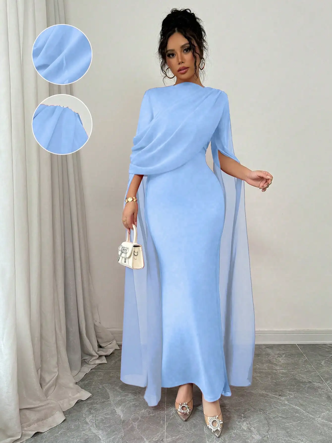 Vestido de noche estilo sirena con cuello redondo y manga tipo capa, de gasa, elegante, para dama de honor, fiesta, graduación, boda, invitada, personalizado, estilo árabe