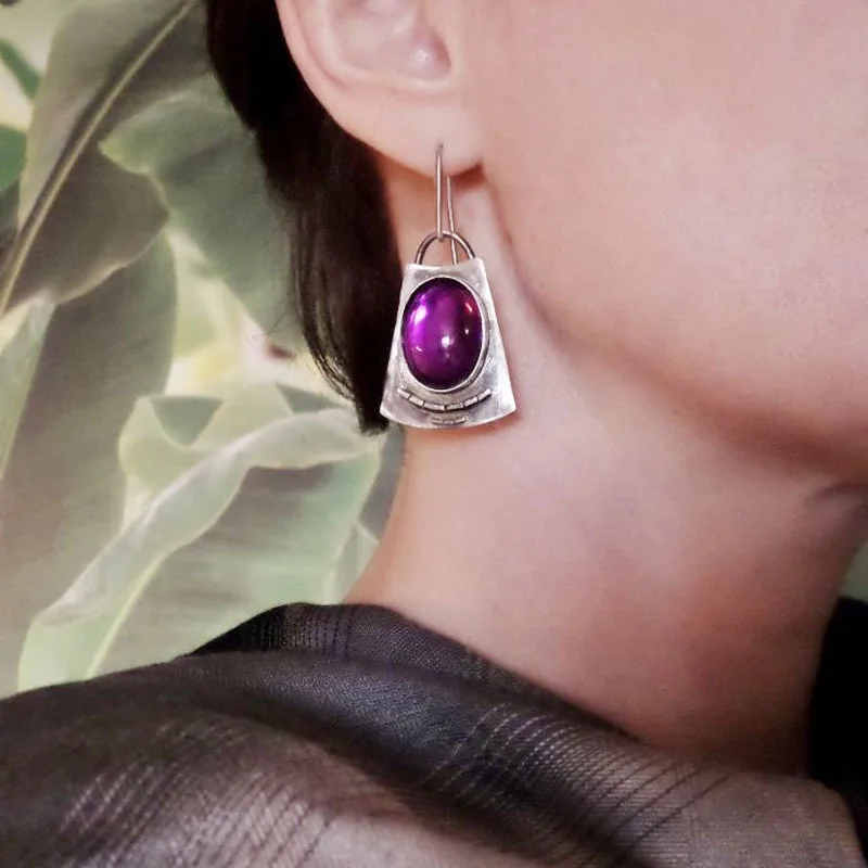 2023 New Fashion Purple Round Resin Hook Earrings Ladies Wedding Party Jewelry Silver Color Red Orange Stone Earring Gifts