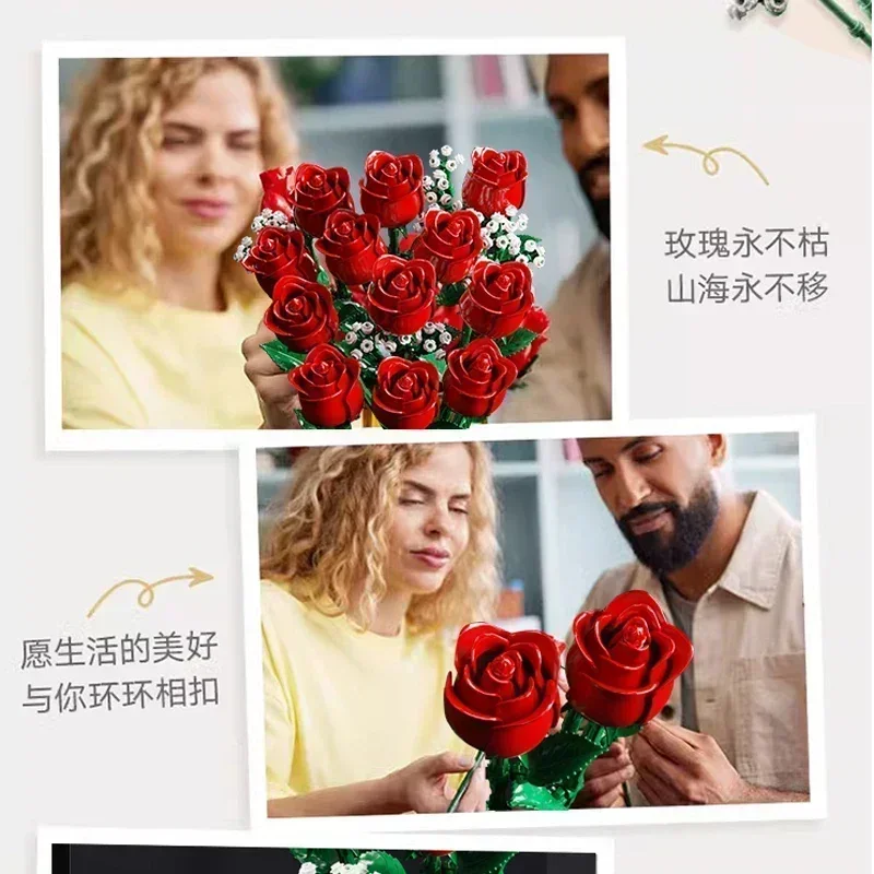 رومانسية باقة زهور الورد اللبنات الإبداعية مكتب منزلي ديكور النبات تجميع الطوب لعب للهدايا الفتيات سيدة