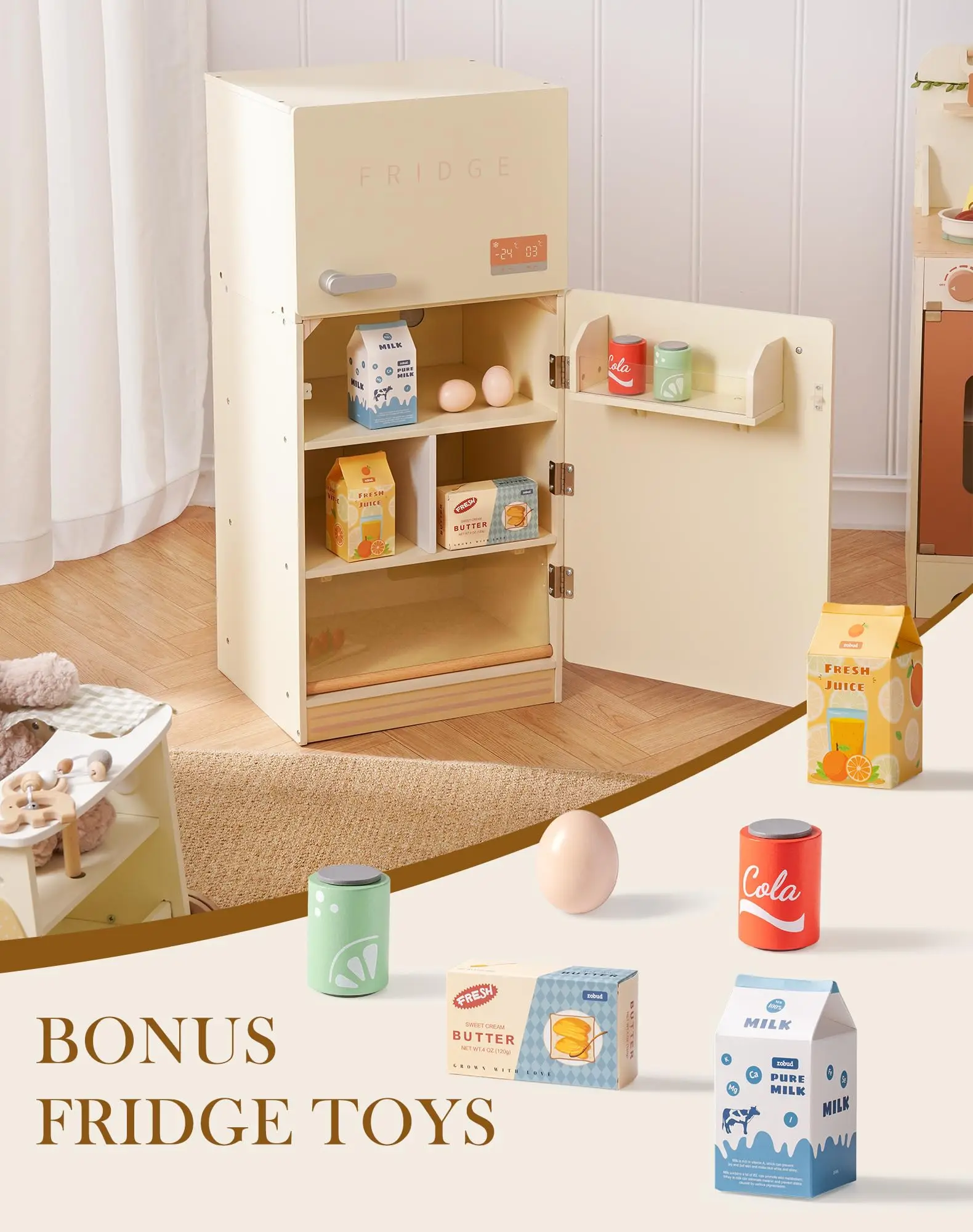 ROBOTIME ROBUD Play Kitchen Ensemble d'accessoires de réfrigérateur en bois pour garçons filles enfants âgés de 3 ans et plus
