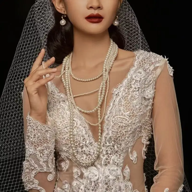 

French pearl necklace, European American multi-layer stacked long sweater chain retro cheongsam wedding dress photo accessories