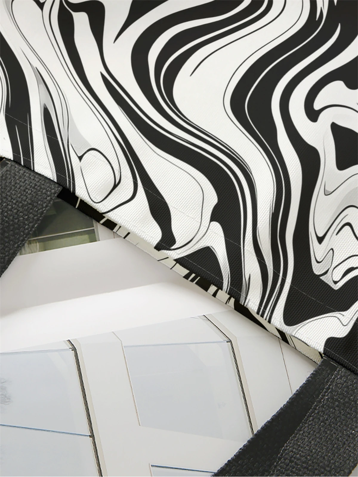 1 ชิ้น, กระเป๋าถือสีดําและสีขาว, กระเป๋าถือแฟชั่นแบบใช้ซ้ําได้, กระเป๋าถือมัลติฟังก์ชั่น, กระเป๋าช้อปปิ้งผ้าใบพิมพ์ลาย