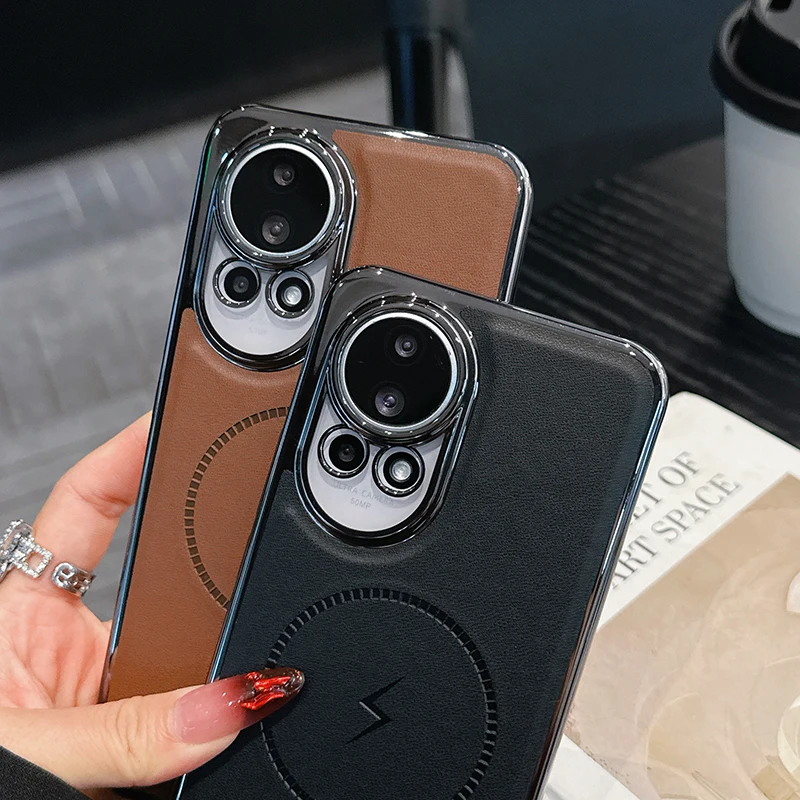 حافظة لهاتف هواوي نوفا 13 12 12 برو 12 فائقة المطلية بالكهرباء مصنوعة من الجلد وشحن لاسلكي مغناطيسي مقاوم للصدمات