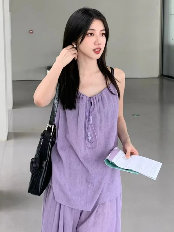 

Fashionable Summer 2025 Women's Casual Wide Leg Pants Set Strap Vest Two Piece Suite Commute Style Long Pants Suit