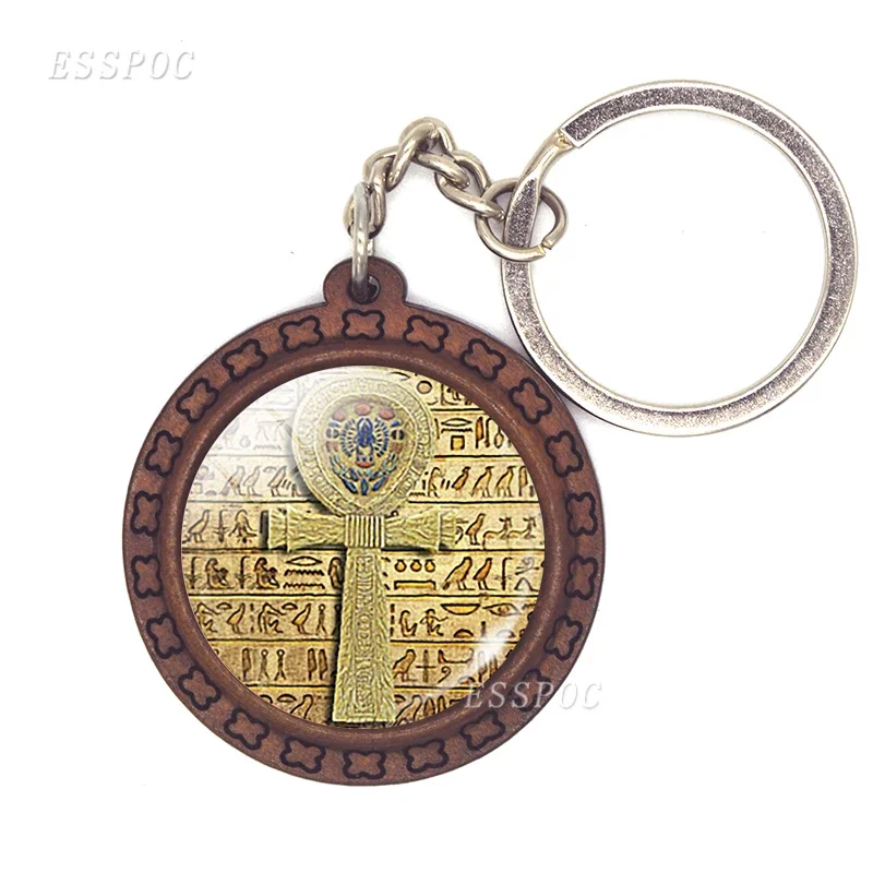 Egyptian Ankh Cross Keychain Vintage Jewelry Ancient Egypt Anubis Scarab Goddess Glass Dome Wooden Keychain Fashion Accessories