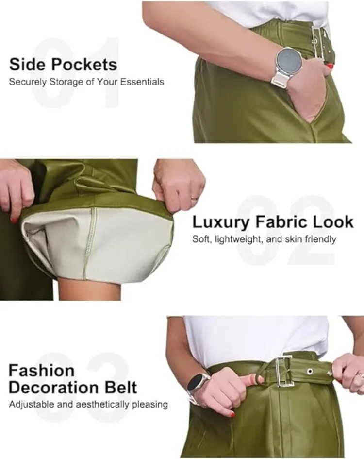 UOOZEE Office Ladies Fashion Faux Leather Wide Leg Pants 2026 New Solid Color High Waisted Loose Pleated Casual Trendy Trousers view 6