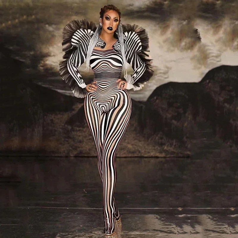 New Fashion Zebra Pattern Jumpsuit Women Singer Sexy Stage Outfit Bar DS Dance Cosplay Bodysuit Performance Show Costume E