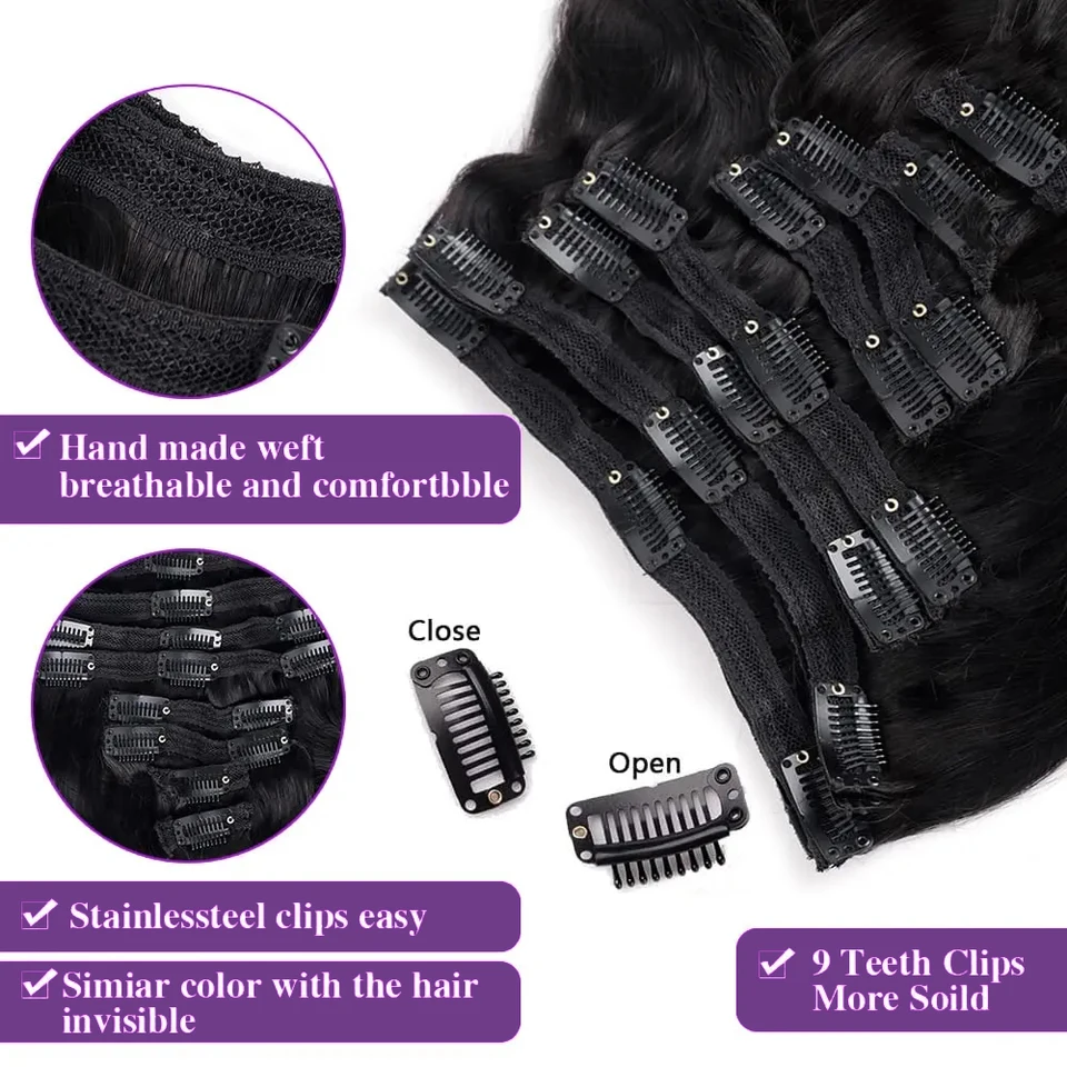 Extensiones de cabello humano con clips Body Wave, 8 piezas, negro natural, remy, tejido de piel, para salón 5