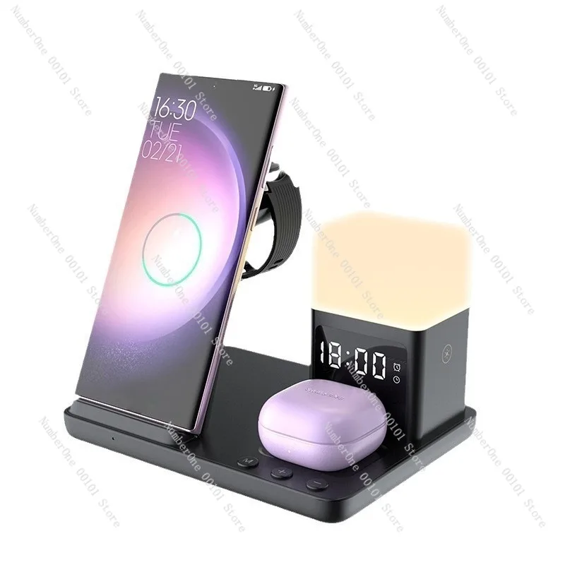 Multifunction 6 In 1 Wireless Charging Desktop Stand Fast Charging Station with Night Light Smart Alarm Clock Watch Charger