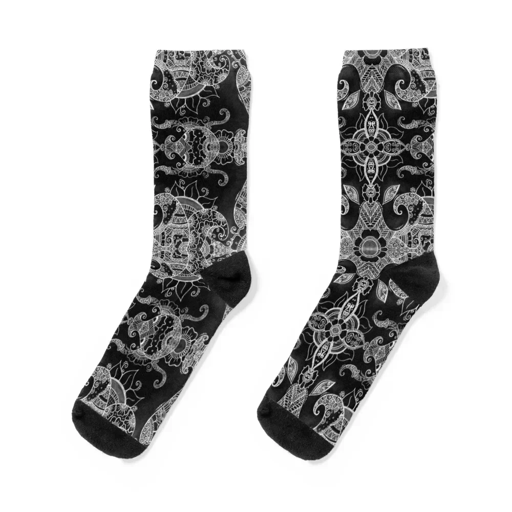 

Sunflowers - Mehndi Paisley Floral Abstract Art - Black White #2 Socks Novelties winter gifts Socks Men's Women's