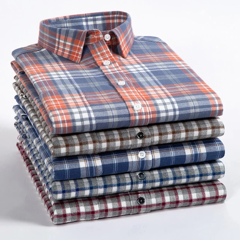 

2024 Shirt for Men Checkered Brushed Fabric Regular Fit Pure Cotton Long Sleeve Comfortable Business Causal Clothing