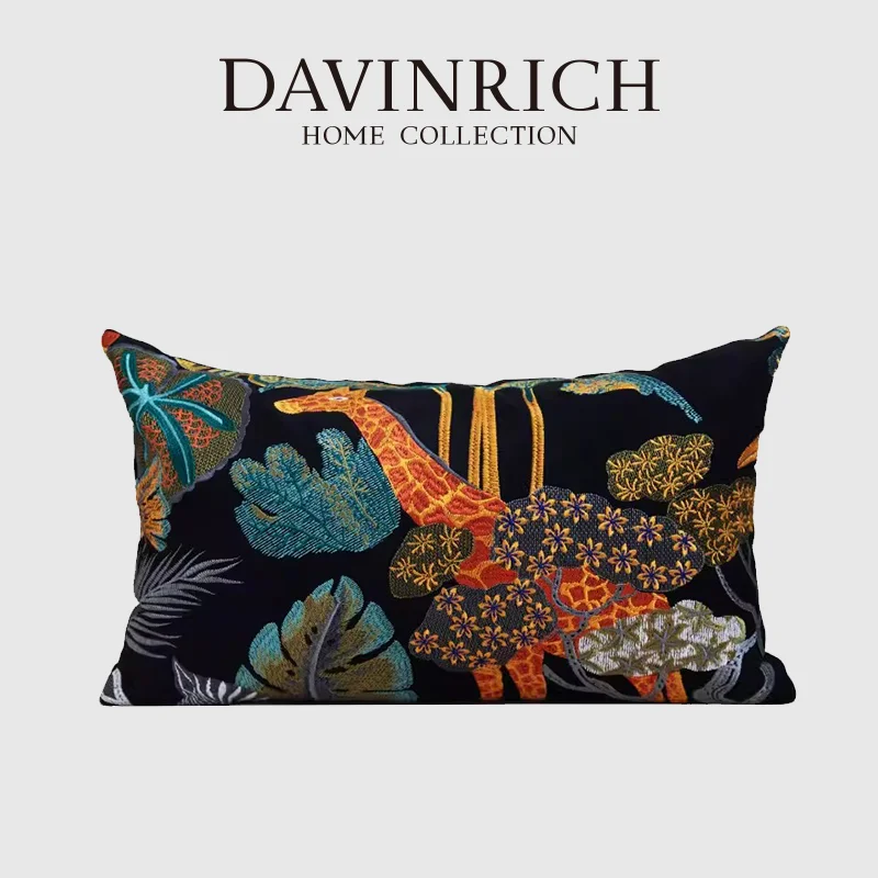 DAVINRICH Jungle And Fauna Luxury Lumbar Pillow Cover French Retro Giraffe Zebra Animal Embroidered Cushion Case For Villa Hotel