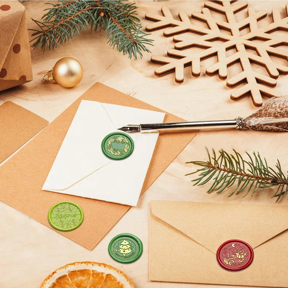 مجموعة ختم من الشمع لموسم عيد الميلاد، 4 رؤوس ختم بتصميم ومقبض واحد لتزيين حفلات عيد الميلاد ومغلفات بطاقات المعايدة
