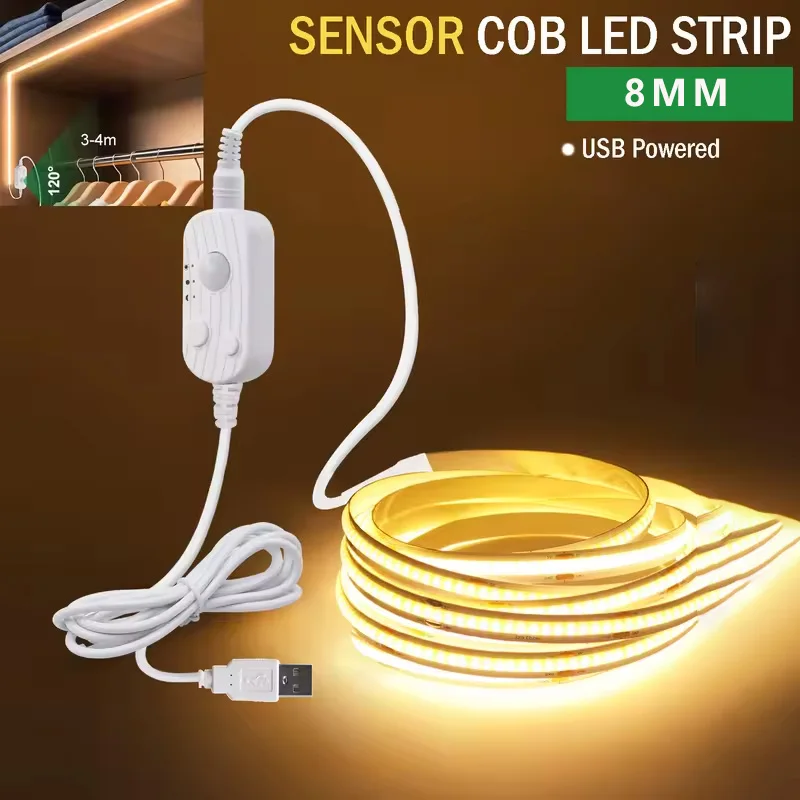 8 مللي متر COB LED قطاع ضوء محس حركة عكس الضوء مرنة LED الشريط USB بالطاقة ل تحت خزانة المطبخ الدرج أضواء الليل #3