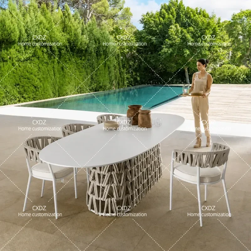 Outdoor Rock Slab Dining Table and Chairs Set Balcony Leisure Courtyard Hotel Terrace Rattan Chair Coffee Table 3 Piece