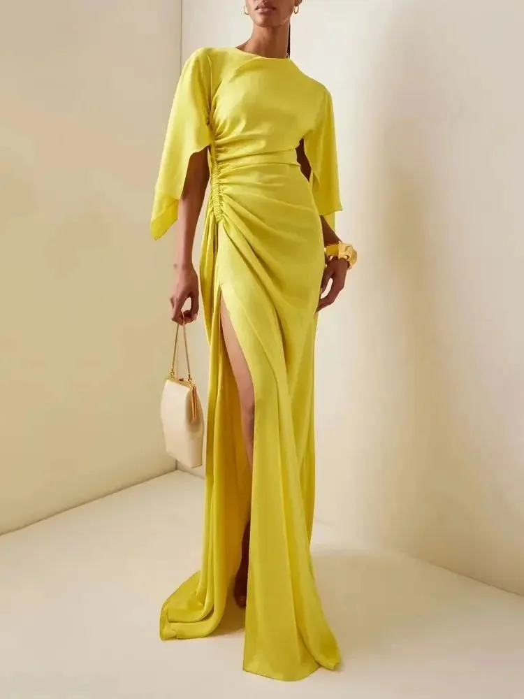 Yellow Satin Mermaid Evening Dresses O-Neck Prom Gowns Half Sleeves Elegant Side Slit Formal Party Dresses 2024