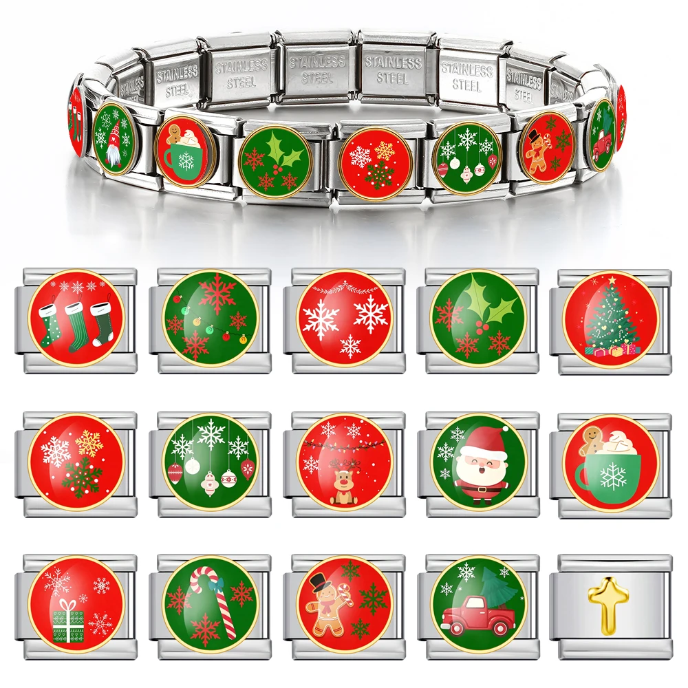 URING Gold Colour Creative Christmas Santa Claus Snowman Link Fit 9mm DIY Italian Charm Beads Stainless Steel Bracelet Jewelry