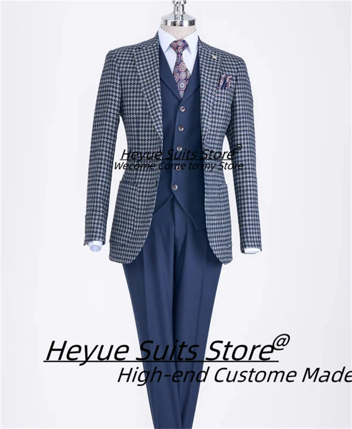 Italian Style Blue houndstooth Men Suits Customized Classic Slim Fit 3 Pieces Sets Male Dinner Blazers Formal Prom Man Tuxedos