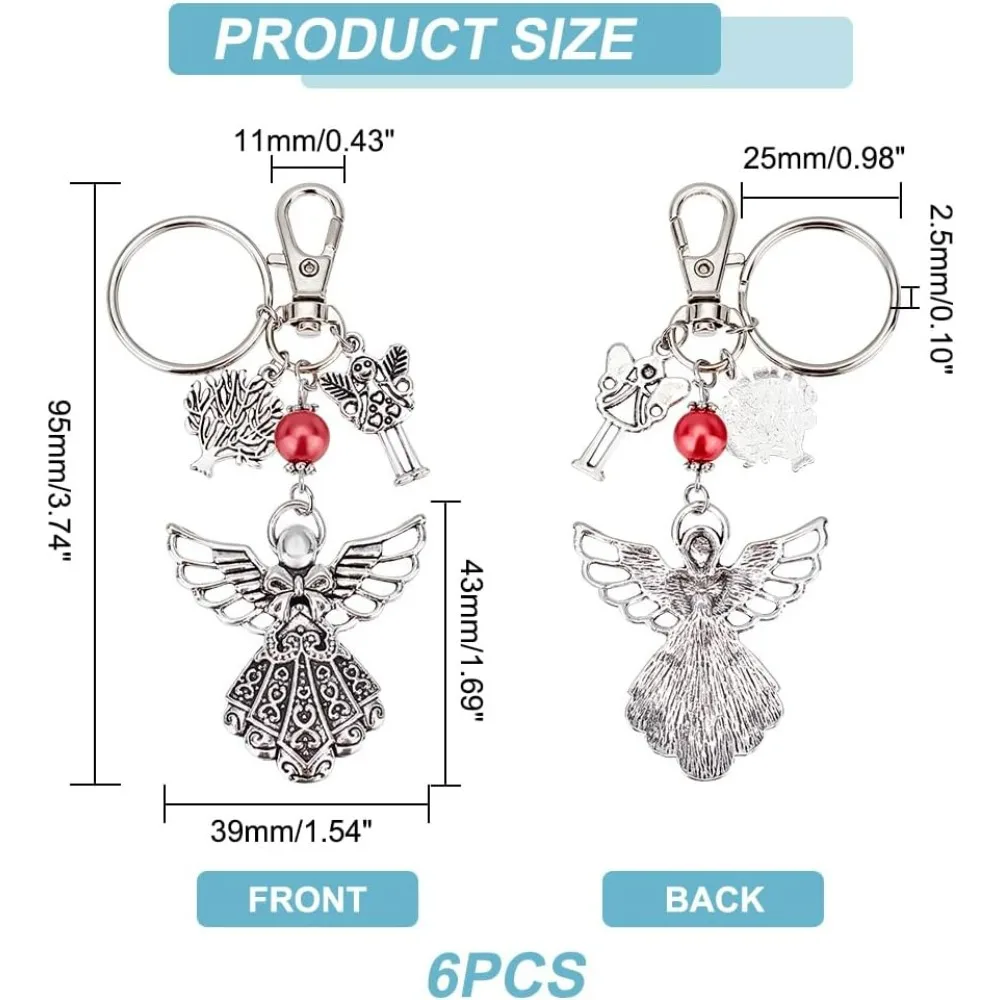 Silver Angel Charm Keychain 6 pcs Guardian Angel Keychain Accessories Gift Baptism Favors Key Ring for Women Funeral Party