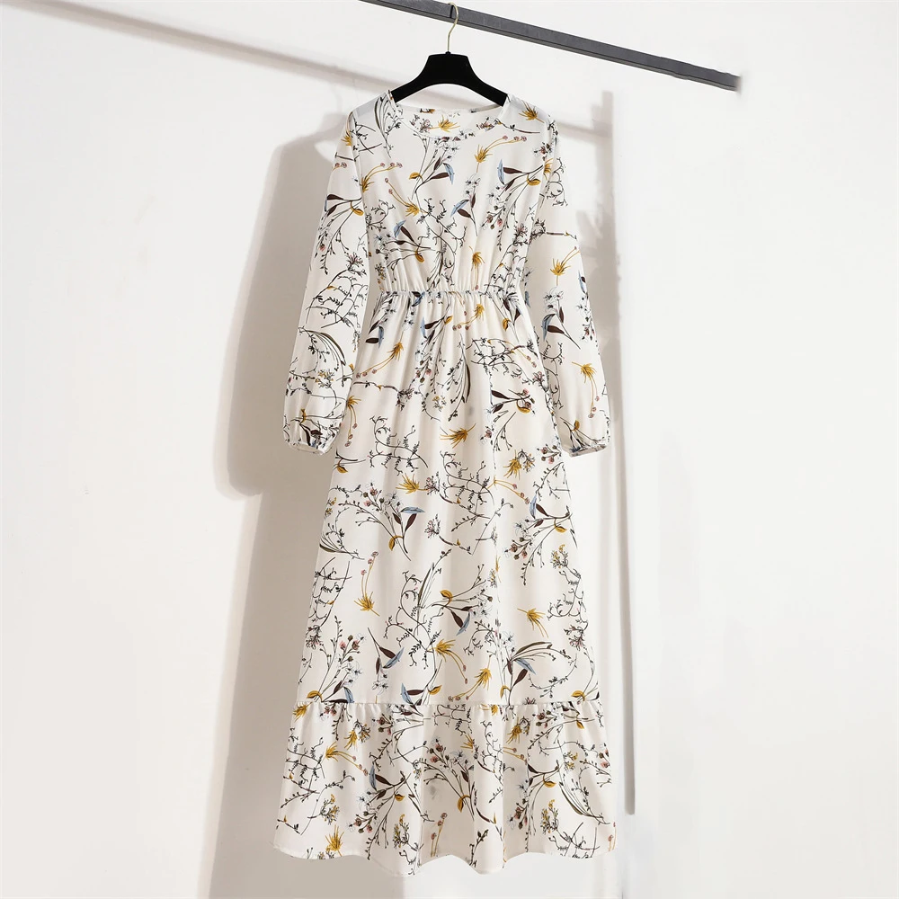 Femmes imprimé fleuri Maxi robes printemps été décontracté col rond manches longues taille haute une ligne Boho plage fête longue robe robes