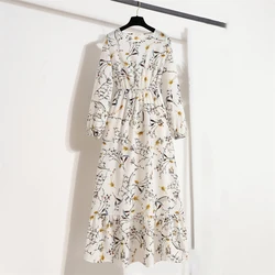 Women Floral Printed Maxi Dresses Spring Summer Casual O Neck Full Sleeve High Waist A Line Boho Beach Party Long Dress Vestidos