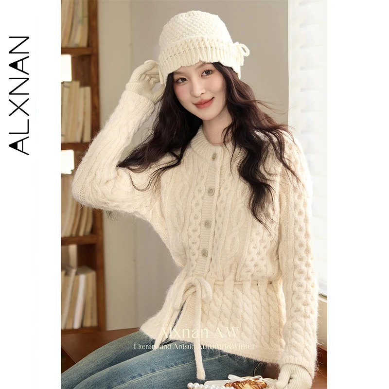 ALXNAN 살구색 울 가디건 여성 루즈핏 라운드넥 2025 가을 겨울 스웨터 신상 긴팔 니트 가디건 여성용 L51903