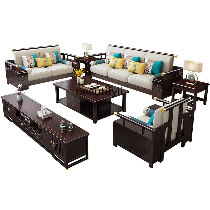 

Chinese Style Solid Wood Sofa Living Room New Chinese Zen Three-Seat Corner Combination Fabric Wooden Sofa