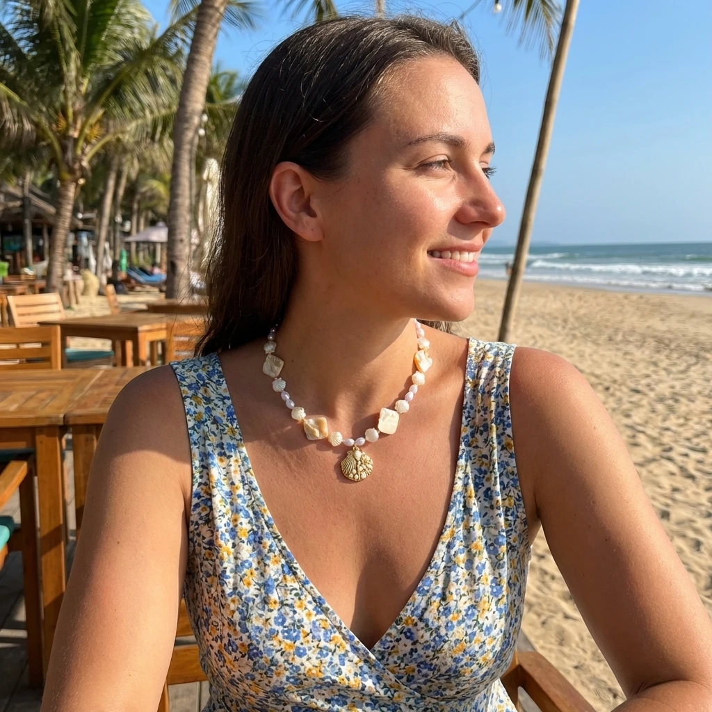 Böhmische Imitationsperlen-Muschelkette für Damen, Sommer-Choker mit Muschel- und Seestern-Anhänger, Reise- und Party-Schmuck – Detail 1