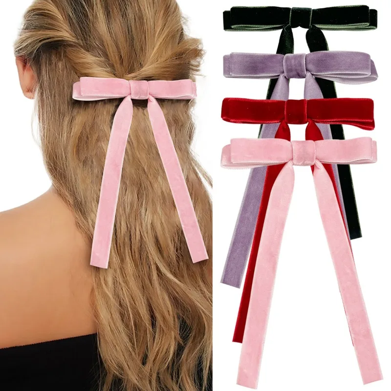 

Lystrfac Vintage Velvet Black Hair Bow For Women Long Ribbon Hairpin Simple Fashion Top Clip Ladies Hairgrips Hair Accessories