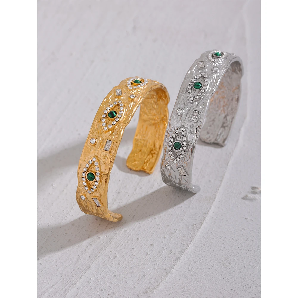 Yhpup 60mm Exquisite Stainless Steel Charm Eye Zircon Vintage Cuff Open Bracelet Bangle Delicate Gold Color High Quality Jewelry