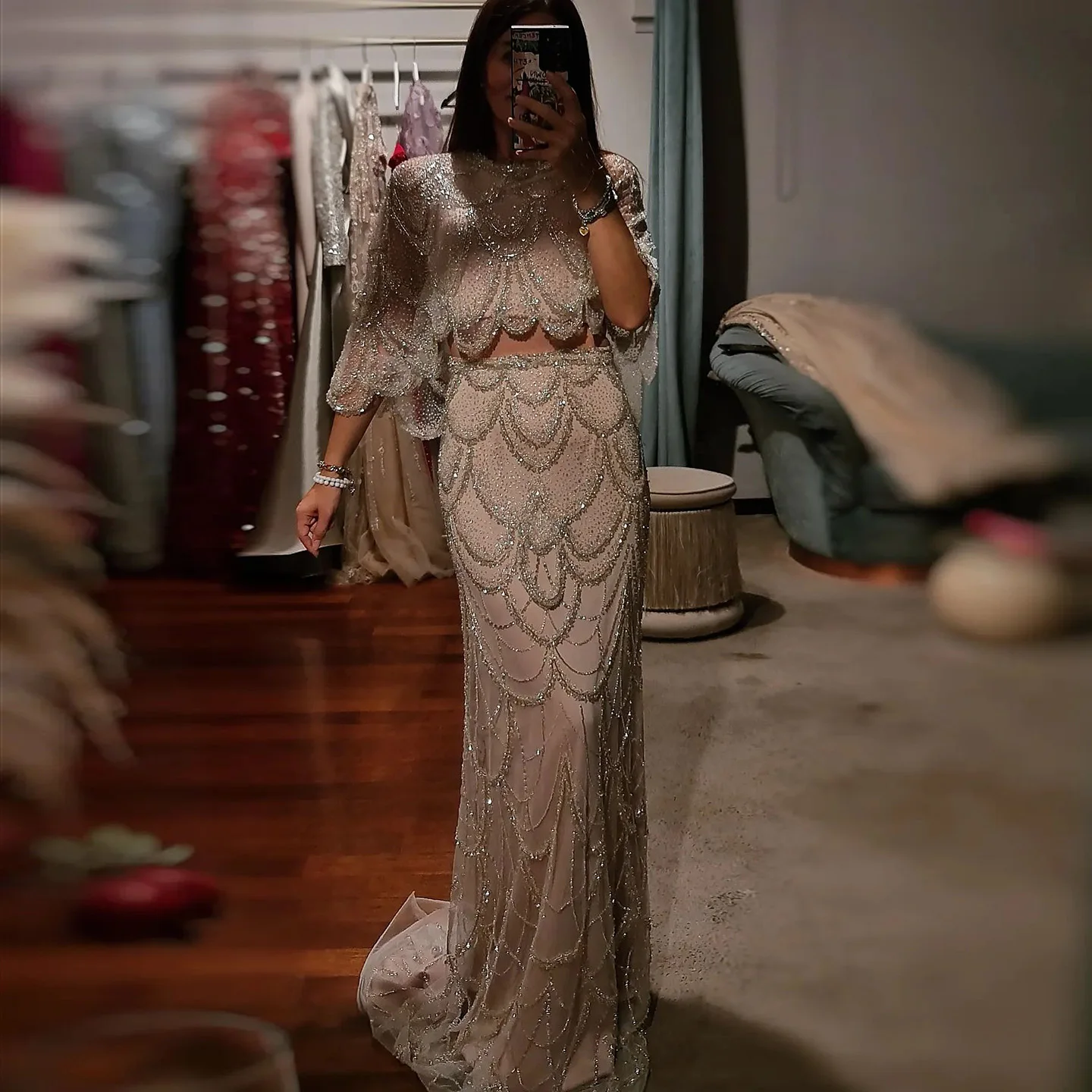 

Sharon Said Luxury Dubai Nude Two Pieces Evening Dress with Cape Crop Top Mermaid Women Wedding Party Gowns SS646 Customized