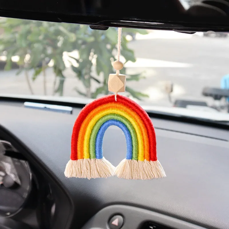 Boho Rainbow Car Charm Macrame Bohemian Rainbow Hanging Pendant Handmade Weaving Rainbow Charm for Car Accessories Decor & Home