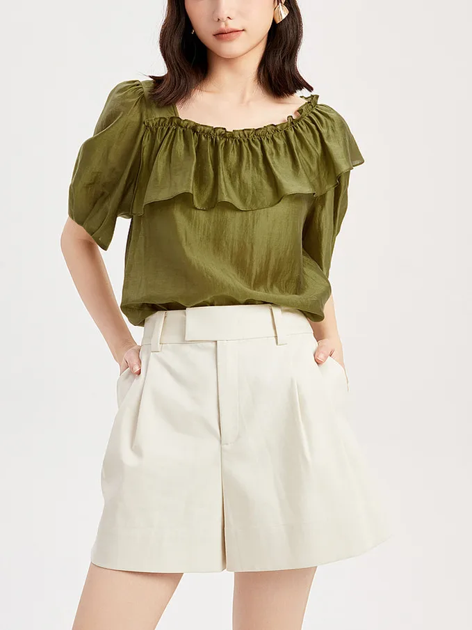 Tian Si Solid Color Casual Shirt Women's Bevel Ruffled Collar Bubble Sleeve Medium Sleeve Shirt Sweet Short Sleeve ropa de mujer