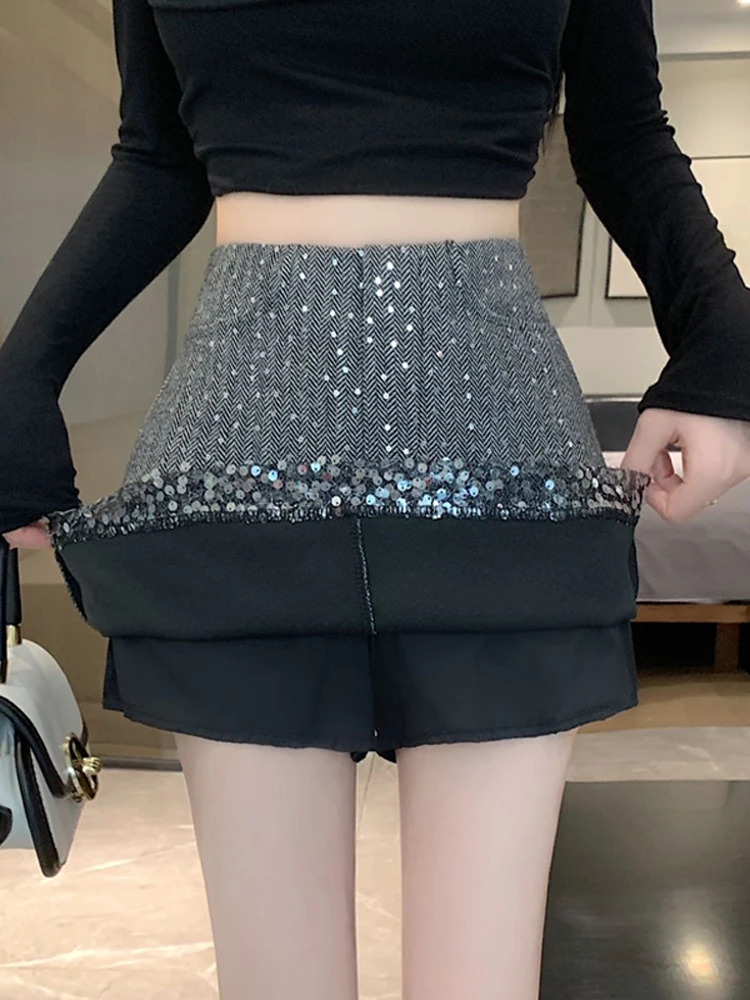 

High Street Kpop Skirt Sequins Patchwork Sparkly Casual Coquette High Waist A-Line Skirt Preppy Style Streetwear 2000s Aesthetic