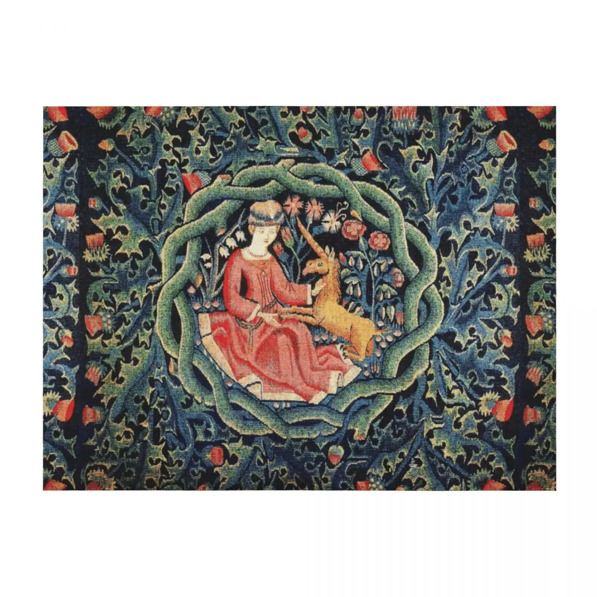 

LADY AND UNICORN CROWN WITH RED THISTLES ,WILD FLOWERS Antique Green Blue Floral Throw Blanket Decoratives Blankets