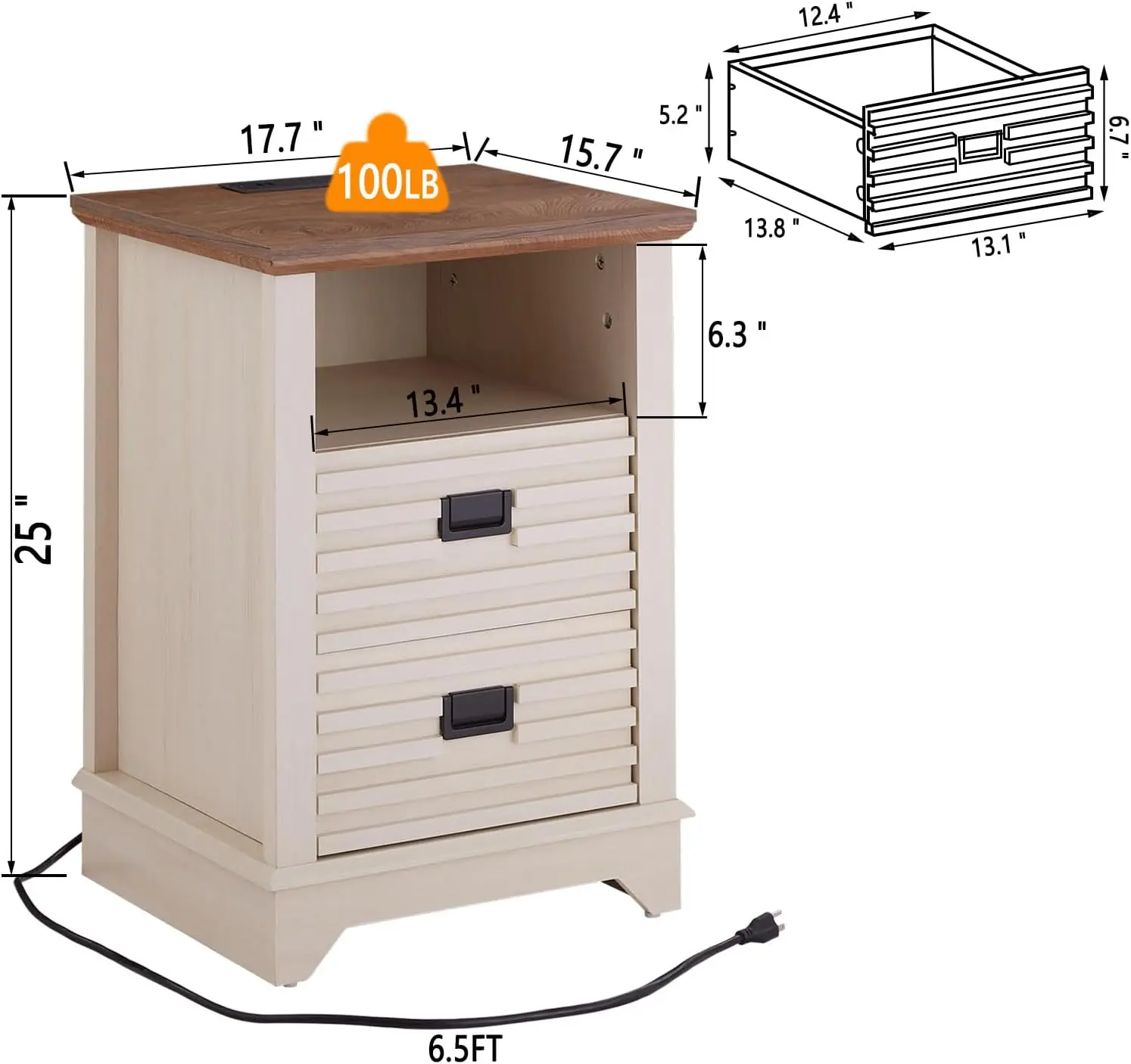 Nightstand with Charging Station, Farmhouse End Table with 2 Drawers & Open Cubby, Rustic Wood Sofa Side Table for Bedroo