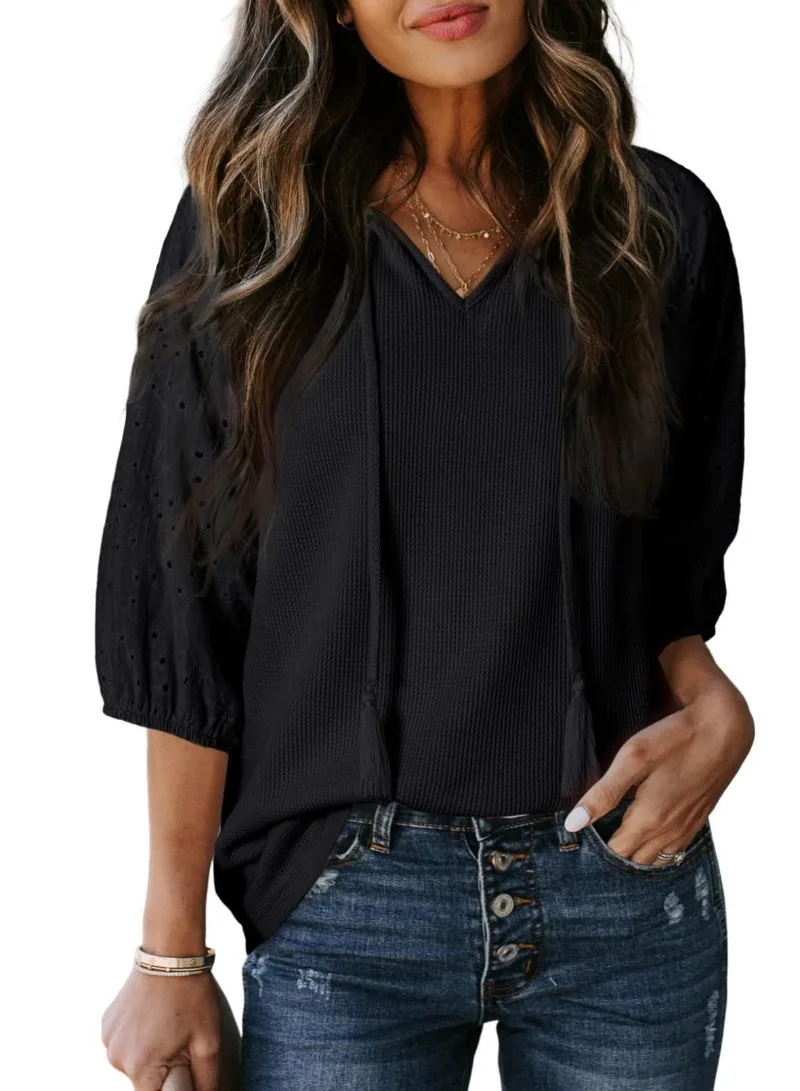 

2025 Spring/Summer Jacquard Huafu Gra Rope Hollow V-neck Solid Color Sleeve Casual T-shirt Top for Women