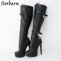 Sorbern Black Fetish Lockable Zipper Boots Women Knee High Double Straps With Locks Visible Platform High Heel Stilettos