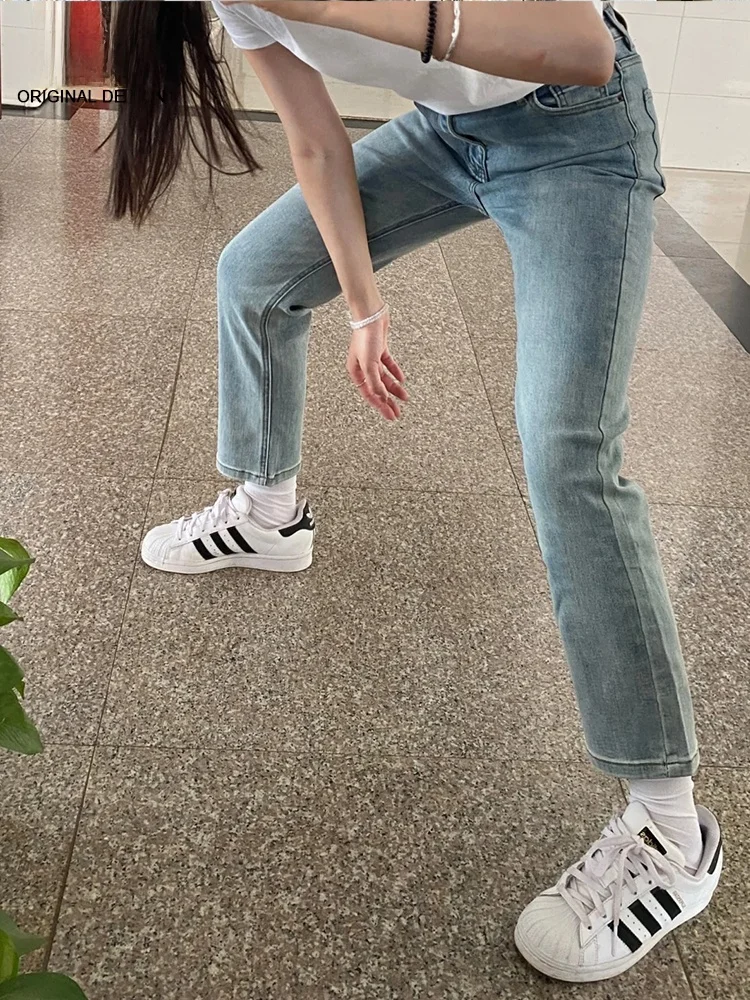 

Chic High Waist Straight Leg Light Blue Jeans Women's Fashion Spring Summer New Style Slimming Small Size Nine Tube Pants