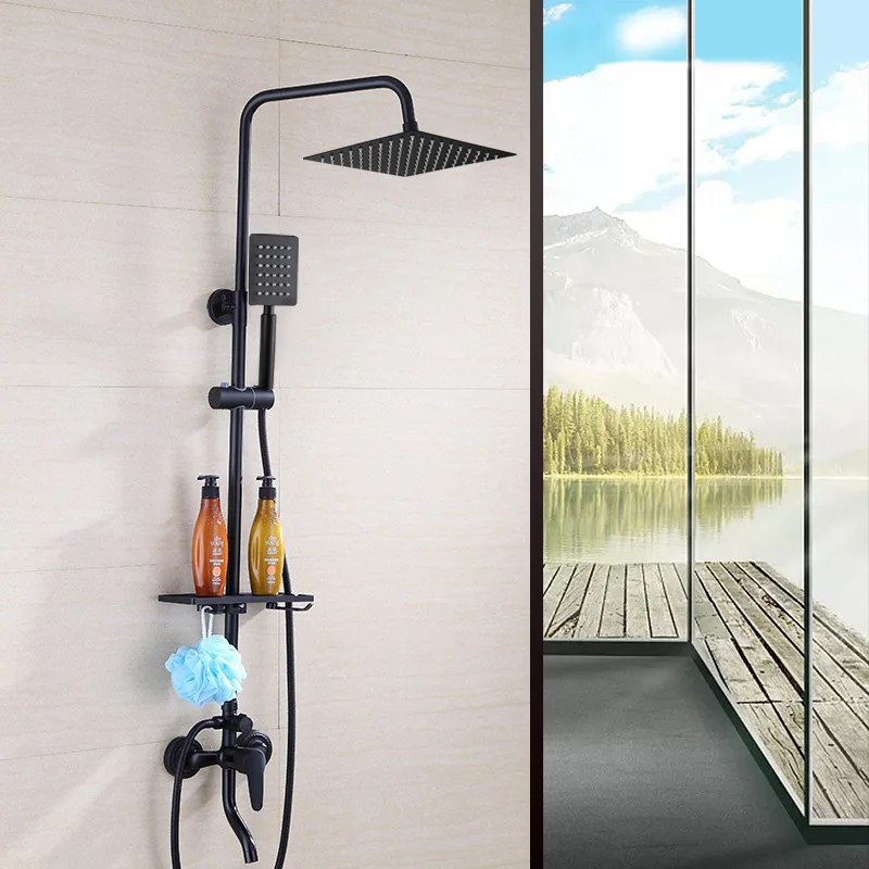 XAOZO-Juego de ducha de baño negro, grifo de ducha de cobre para el hogar, grifo de bañera montado en la pared, ducha de lluvia