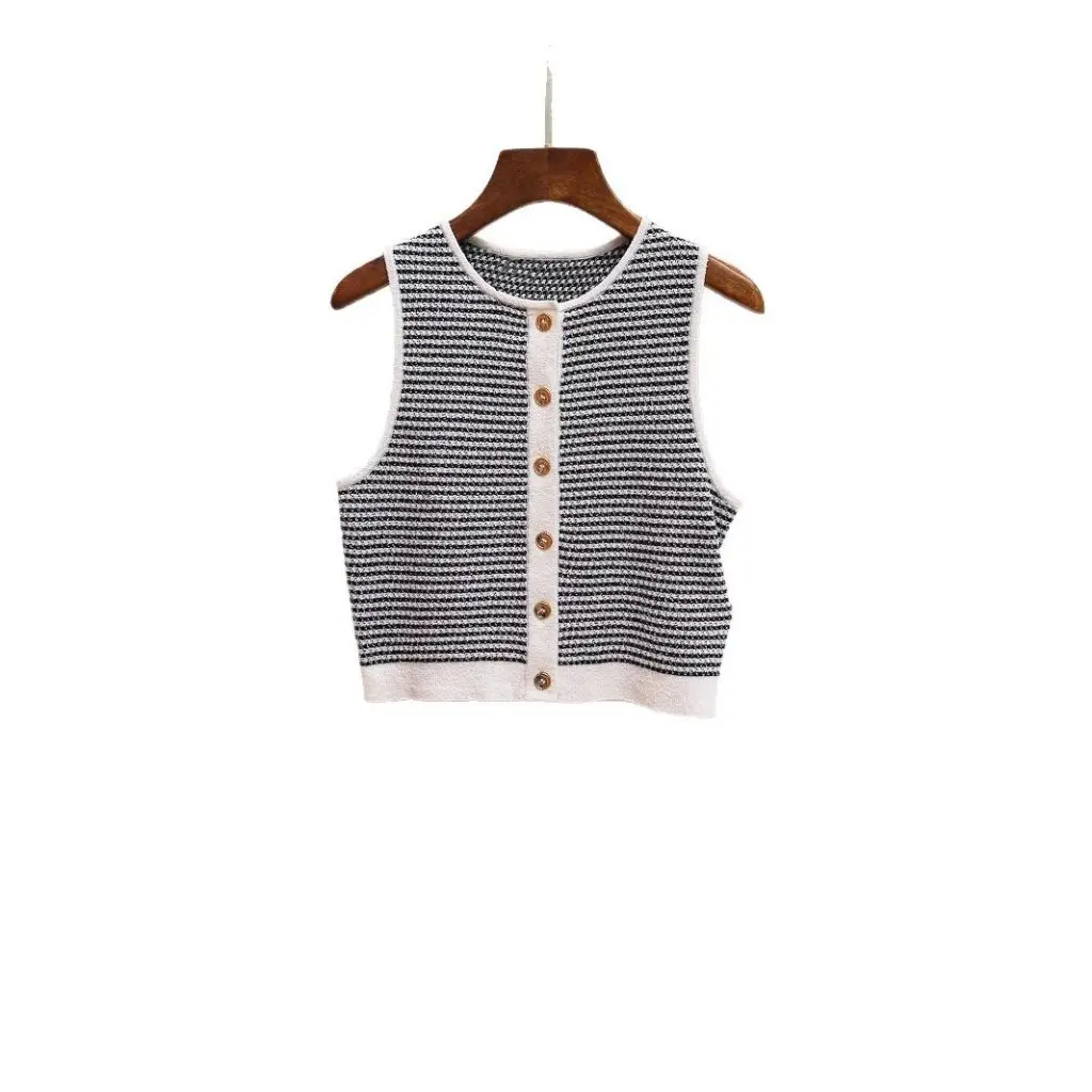 

S's Spring Fashion Retro French Simple Sleeveless Knitted Vest Top Versatile Short Stripes Design for Women