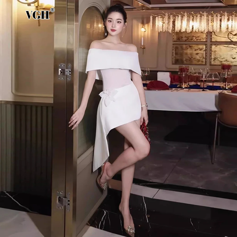 

VGH Solid Chic Backless Slim Sexy Dresses For Women Slash Neck Off The Shoulder Sleeve High Waist Spliced Appliques Dress Female