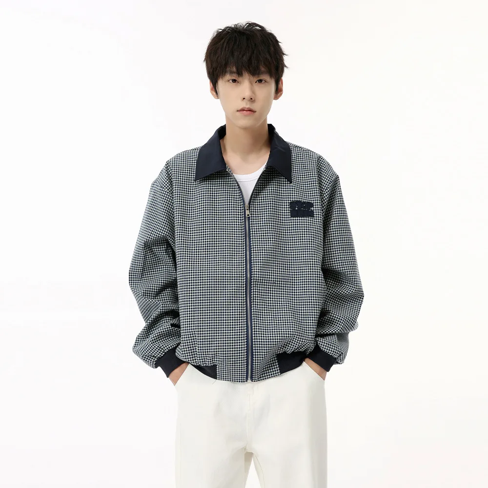 LEVIORTIN Korean Men Checkered Contrast Collar Loose Jacket Autumn Outerwear Classic Stand Collar Button-up Jacket Coat