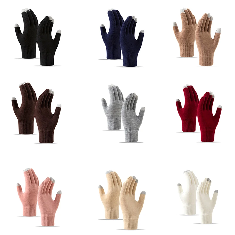 Guantes de invierno con pantalla táctil para hombre y mujer, manoplas de punto elásticas cálidas, de lana de imitación, con dedos completos, de ganchillo, gruesos